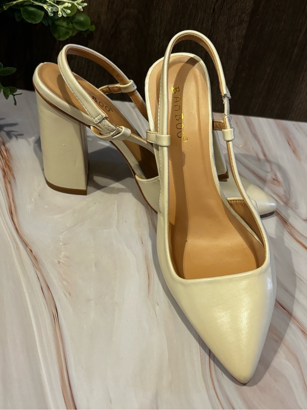 BAMBOO Cream Pointed Slingback Block Heels - Picture 7 of 7